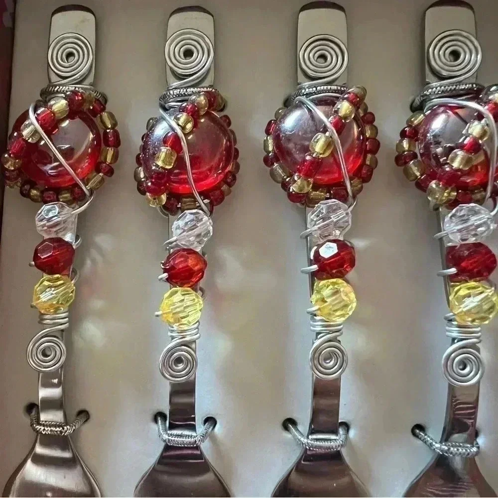 Wild Eye Design Cocktail Christmas Stainless Forks Handcrafted Beaded 3 Prong